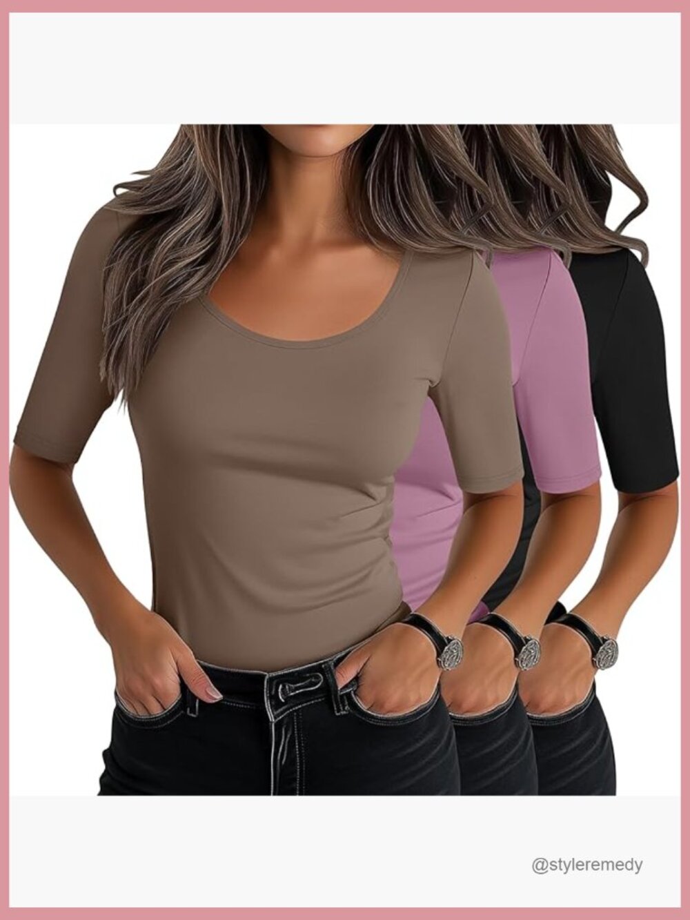 3 Pack Women's Scoop Neck Half Sleeve Slim Fit Cotton Blend Stretchy T-Shirts